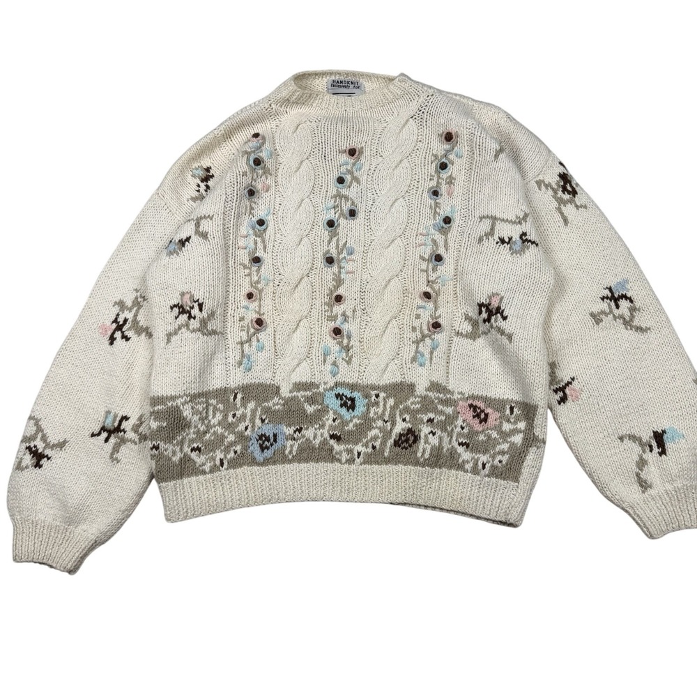 Vintage Ninon De Lenclos Sweater S Cream Pink Blue Cottagecore Floral Pastel